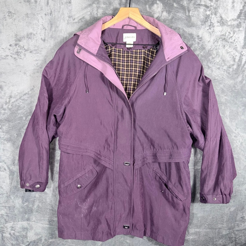 St Johns Bay Womens Hooded‎ Parka Jacket Size Large Purple Plaid Lined
